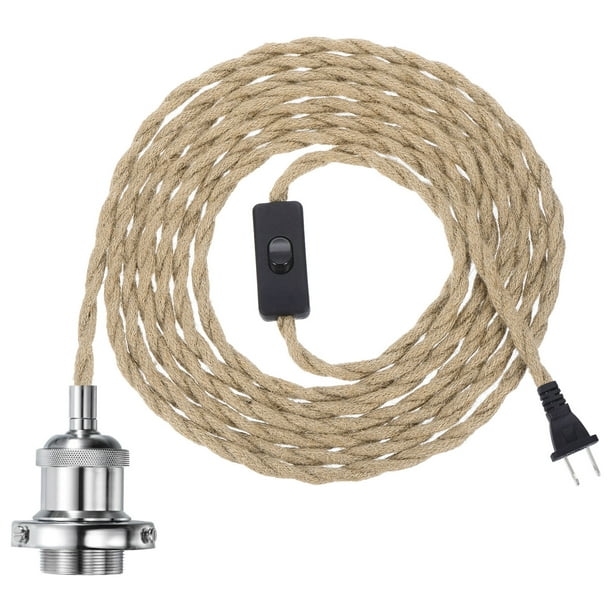Kit de cable de luz colgante de 15.4 pies, enchufe en socket E26 con interruptor, cuerda trenzada industrial vintage, cromo