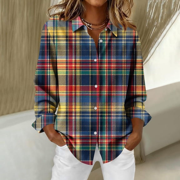 Letdown Womens Shirts Long Sleeve Button Down Plaid Shirt Roll Up Oversize Checkered Blouse Top Spring Fall Clothes (#01-Blue,L)