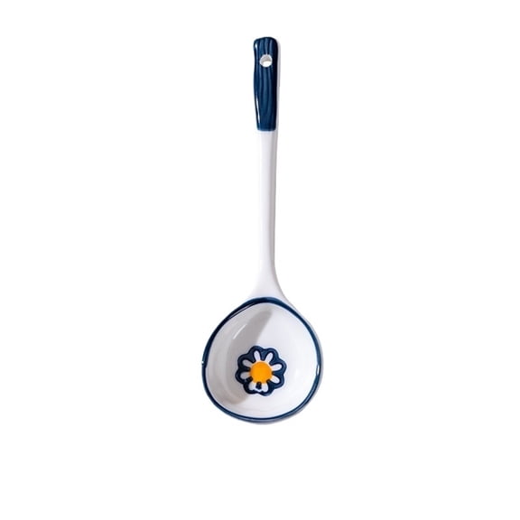 Long Handle Ceramic Soup Spoon, Hand painted underglaze color Large Spoon , Japanese Miso Soup Spoon for Cereal Sauce Gravy, 2 pieces