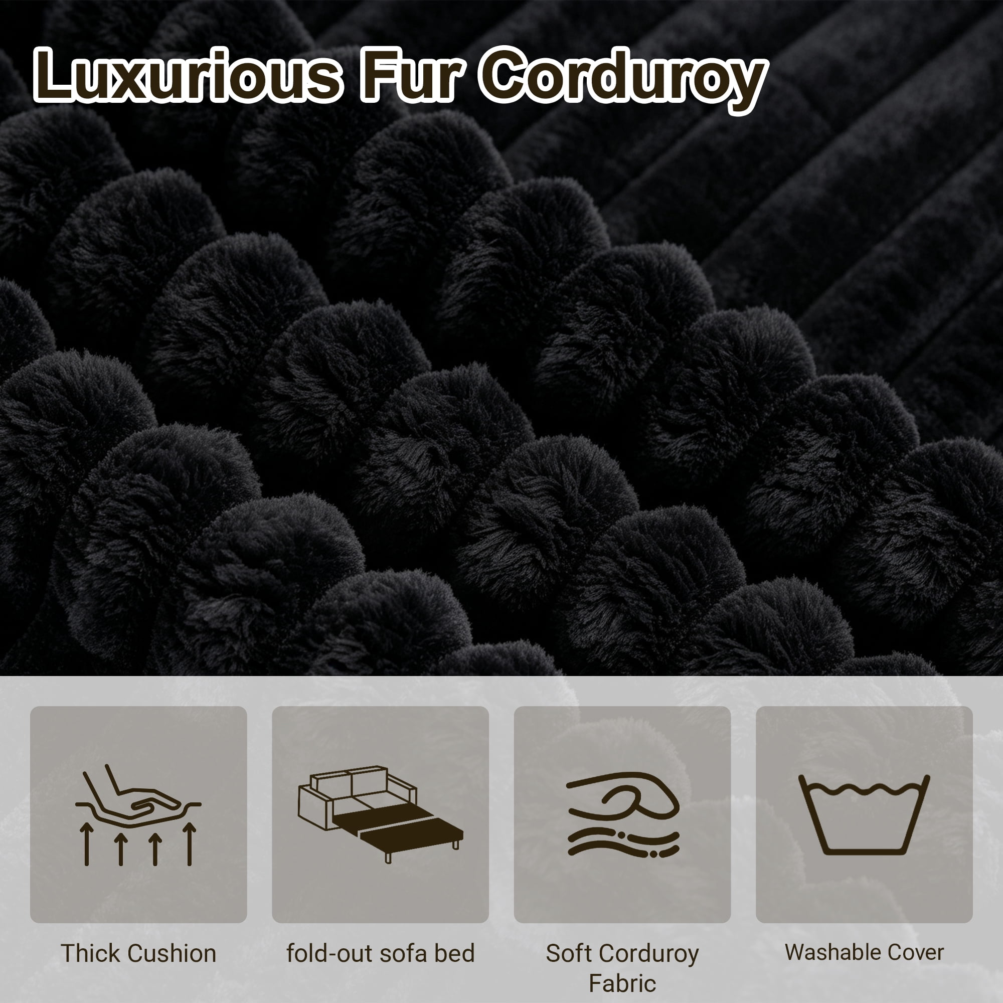 55" Convertible Futon Sofa Bed,Folding Boneless Couch with Sleeper Sofa,Fold Out Floor Sofa with Deep Seat,Cloud Corduroy Foldable Mattress Couch for Living Room,Black
