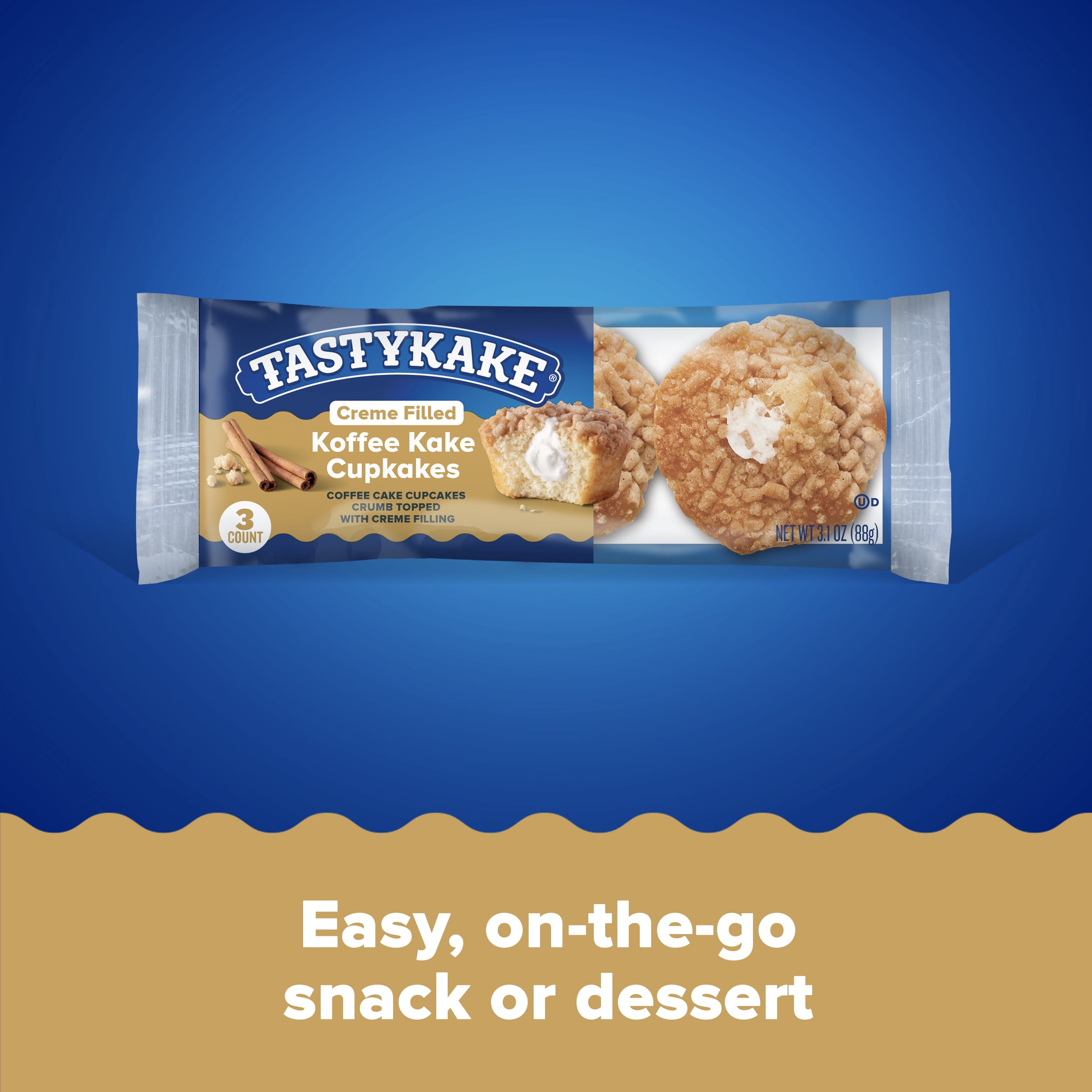 Tastykake Creme Filled Koffee Kake Cupcakes, Individually Wrapped Cupcakes, 3.125 Ounce., 3 Count
