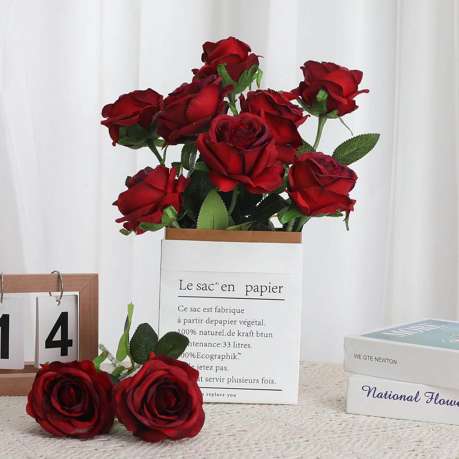 Burgundy Fake Roses Artificial Flowers - Fake Artificial Roses Silk Flowers with Stems for Home Wedding Hotel Office Centerpiece Decor（Burgundy）
