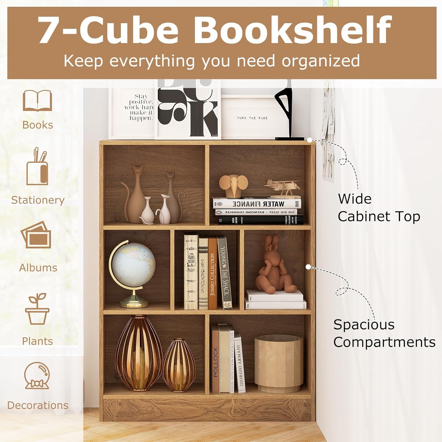 WBTER 7-Cube Bookshelf, 41” Floor Bookcase with 2 Anti-Tipping Kits, Freestanding Storage Organizer, 4-Tier Display Shelf for Home, Office & Dorms (Natural, 7-Cube)