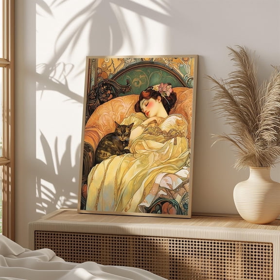 Art Nouveau Woman and Cat Print Poster Elegant Vintage Wall Art, Victorian Style Decor, Romantic Pastel Artwork 699, Size 8x12 UNFFRAMED F03.1.6l2275