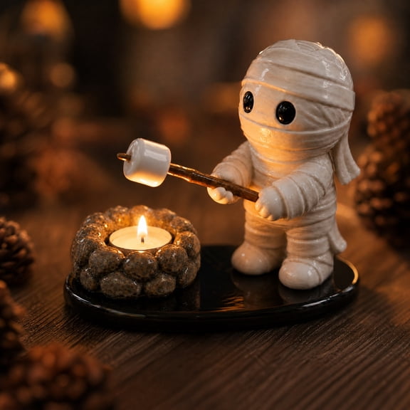 Halloween Campfire Tealight Holder Ghost Candy Corn Roast Resin Figurine, Glow Mini Campfire Candle Holder, Cottagecore Farmhouse Fall Indoor Table Decor A