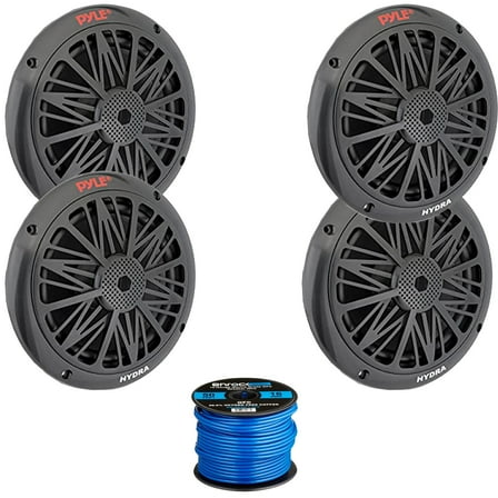 Two Pairs (QTY 4) Of Pyle PLMR6KB 6.5'' 200 Watt Dual 2-Way Full Range Stereo Sound Water Resistant Marine Black Speakers Bundle Combo With 50 Feet 16 Gauge Speaker Wire