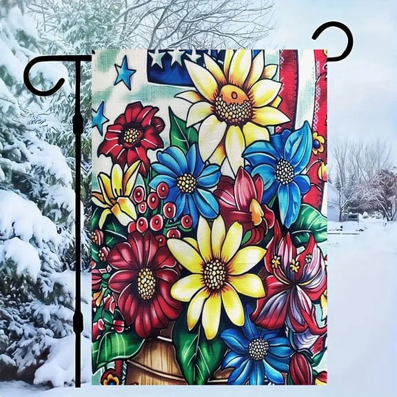 RKSupls Patriotic Linen Double Sided Garden Flag, Independence Day Themed Yard Decor, Vibrant Patriotic Floral Bouquet Outdoor Banner for Holiday Lawn