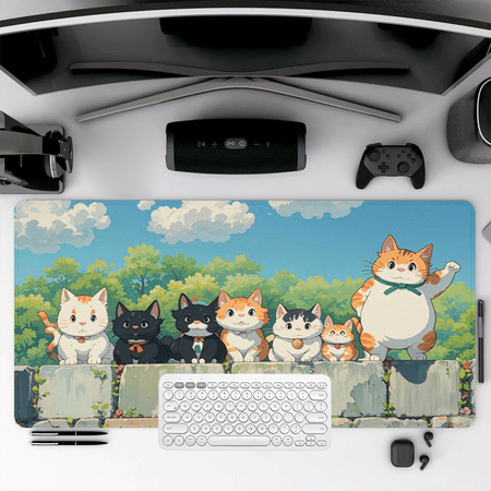 Cute Anime Cats on Stone Wall Mouse Pad 35.4 x 15.8 inches Rubber Desk Mat for Office and Gaming
