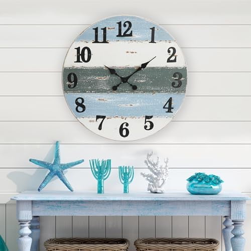 24" Large Beach Coastal Nautical Wall Clock, Wooden Wall Clocks Battery Operated,Vintage Farmhouse Decorative for Living Room, Kitchen, Home, Bedroom, Laundry Room, Blue$$Home Decor, Kitchen, & Other
