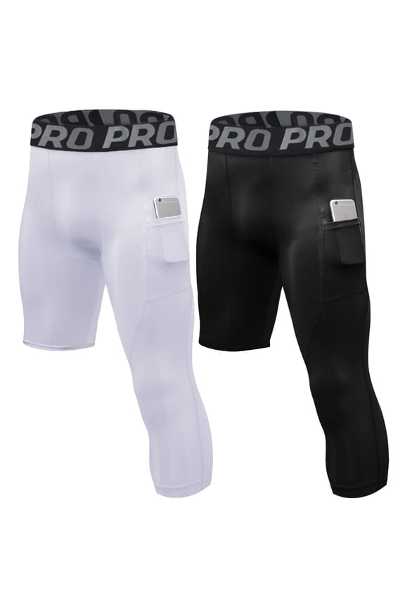1 or 2 Pack One Leg Compression Tights for Basketball Mens 3/4 Capri Leggings Athletic Base Layer for Sports Running