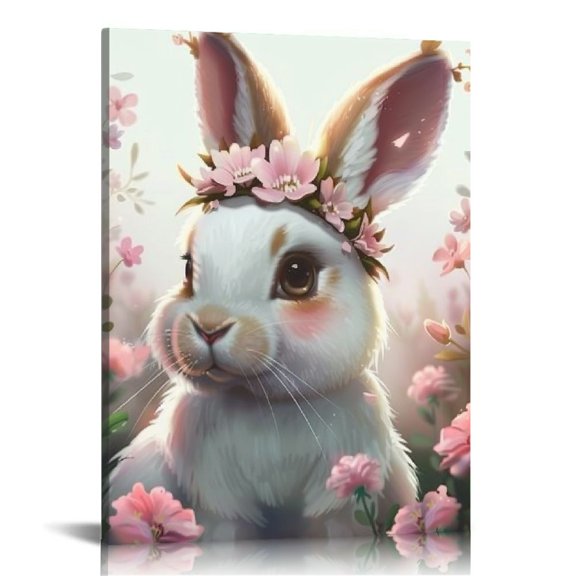 Acheng Cute Wall Art Canvas Painting Cute White Rabbit In Flower Garden With Pink Pictures Home Decor Abstract Art Gifts Poster Wall Decor for Living Room Bedroom Kitchen picture 3