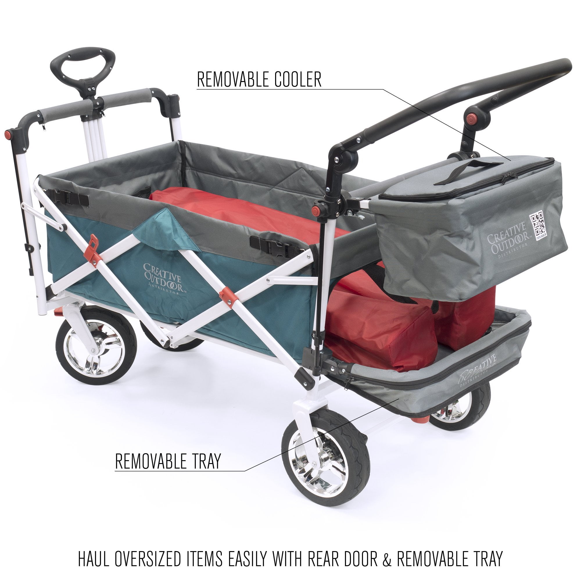 CREATIVE OUTDOOR Push-Pull Collapsible Folding Wagon Stroller Canopy w/ Removable Cooler, Silver Series, Teal/Gray