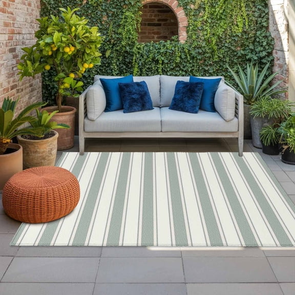 Outdoor Rug 3x5 ft Sage Green Stripes Outdoor Large Area Rug Non Slip Rubber Vertical Striped Line Front Door Mat RV Rug Camping Carpet Patio Outdoor Rugs for Backyard Balcony Deck Porch Indoor