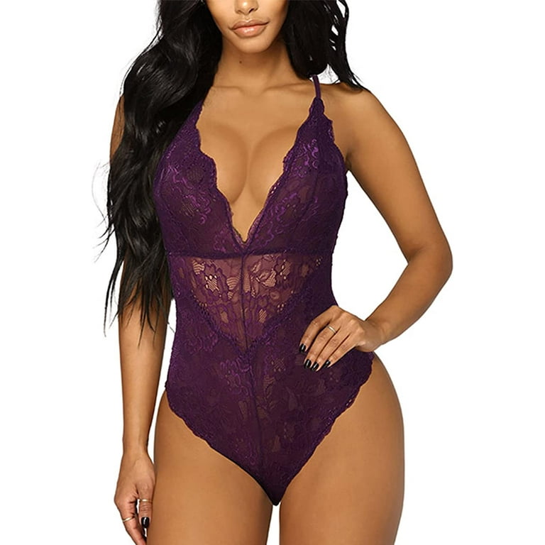 Aranmei Plus Size Lingerie for Women,Snap Crotch Lace Bodysuit,V