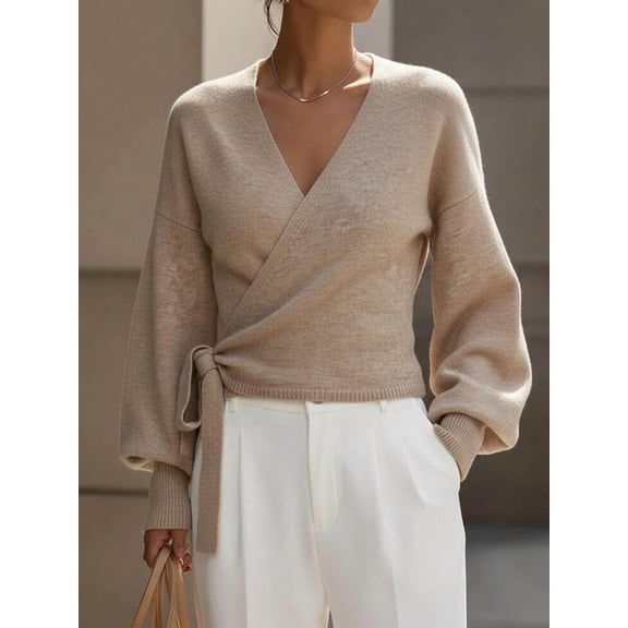 Cropped V-Neck Tie Waist Long Gigot Sleeve Casual Elegant Sweater For Women,Long Sleeve Tops Knit Pullover Fall Winter Outfit