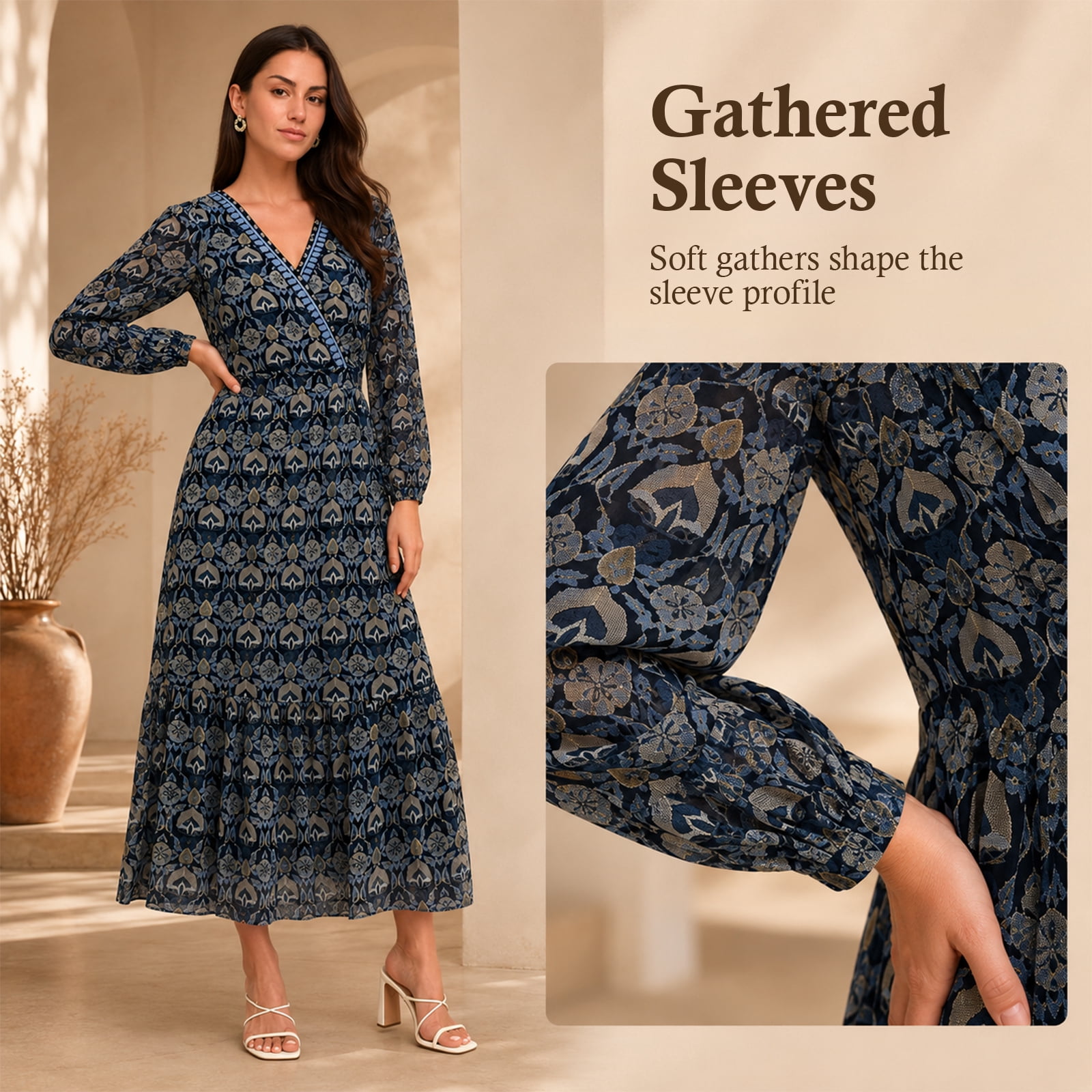 Alvantor Women's Printed Midi Dress, V-Neck Gathered Sleeve Tiered Style, Blue Multi