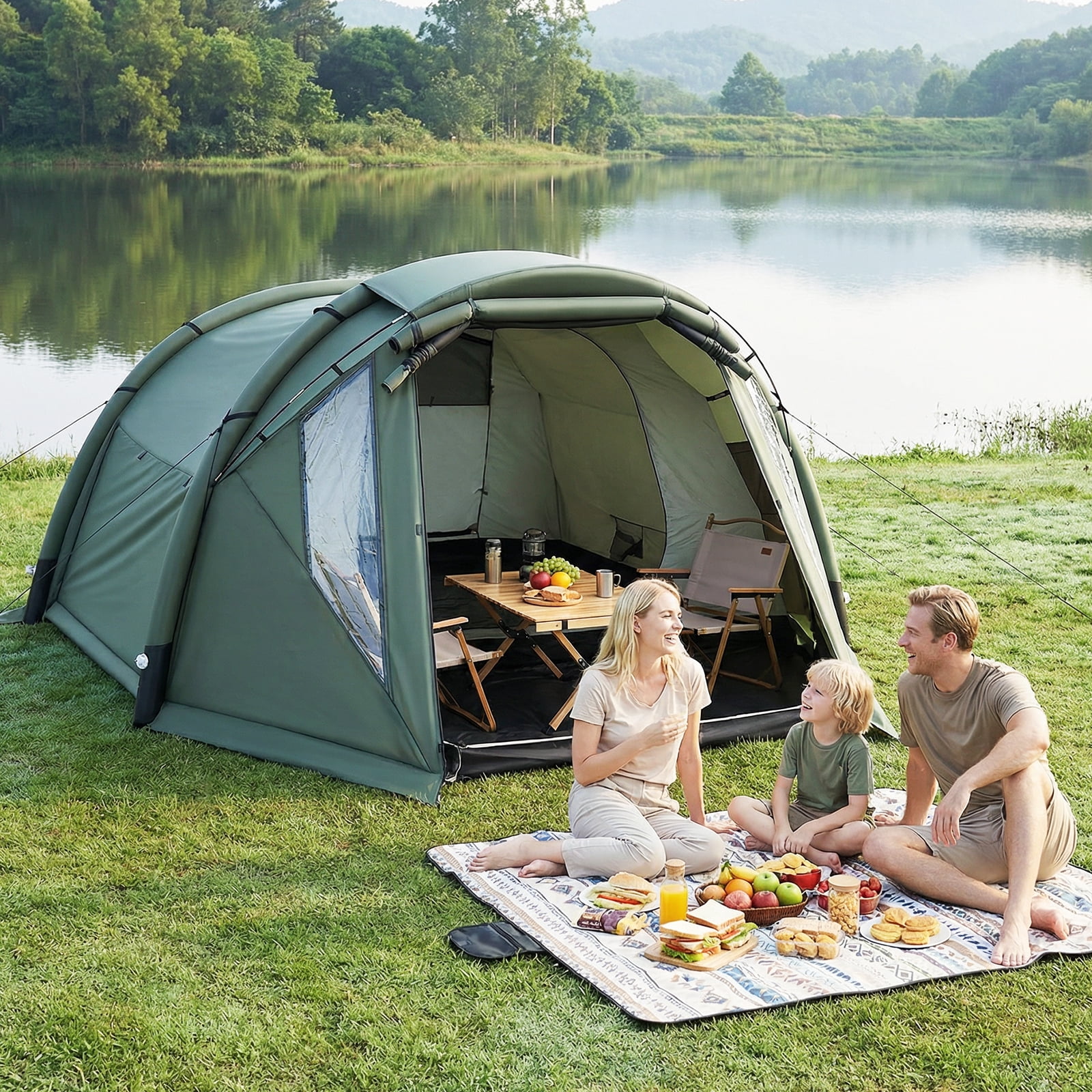 Costway Inflatable Camping Tent with Screened Porch, Mesh & Transparent Windows, Door