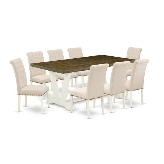 East West Furniture V-Style 9-piece Wood Dining Set in Linen White/Light Beige
