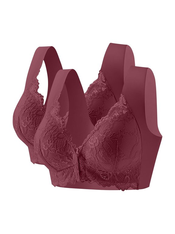 2 Pack Front Closure Wireless Bralette for Women Plus Size, Lace No Underwire Everyday Sleep Bra, Full Coverage Comfort Bra with Easy Front Snap Closure, Wine,XXXXXL