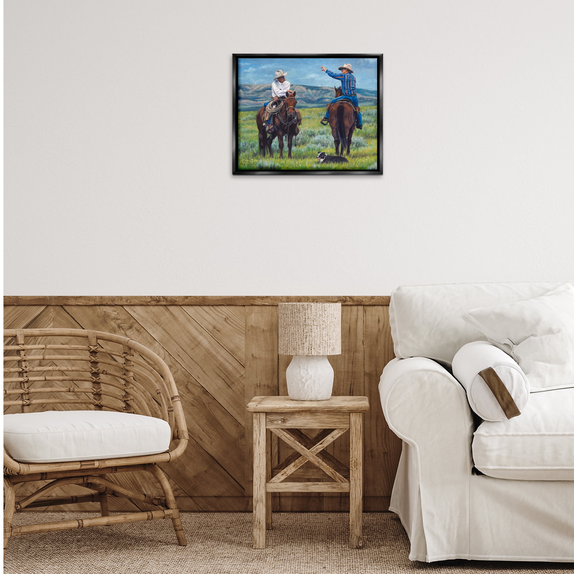 Stupell Industries Cowboy Logic Scene Animals & Insects Painting Black Floater Framed Canvas Art Print Wall Art, 21 x 17
