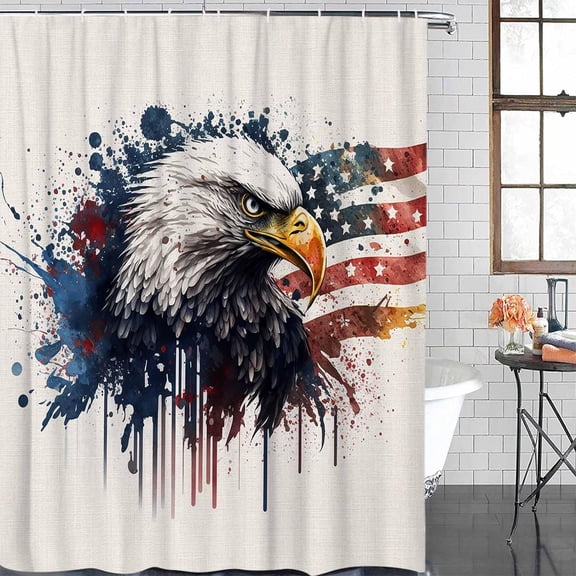 Shower Curtain Waterproof Shower Curtain for Bathroom,Bathtub,Shower, Independence Day Retro American Flag Graffiti Eagle Watercolor Shower Curtain Set with Hooks for Home Decoration 72x72 Inch