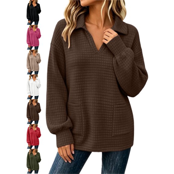 Lapel V-Neck Sweatshirt for Women Oversized Waffle Knit Long Sleeve Pullover with Pockets Loose Casual Fall Top