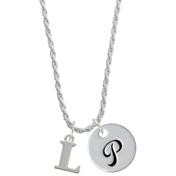 Delight Jewelry Silvertone Large Initial - L - Silvertone Script Initial Disc - P - Charm Necklace, 20"+3"