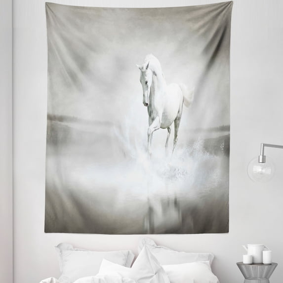 Animal Tapestry, Wild Horse Running Through Water Dramatic for the Motivation of Life Art, Fabric Wall Hanging Decor for Bedroom Living Room Dorm, 5 Sizes, Black and White, by Ambesonne
