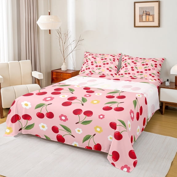 jejeloiu Cute Cherry Twin Sheet Sets,Cartoon Flower Floral Twin Fitted Sheet,Red Green Pink Flat Sheet For Girls,Ultra Soft Home Decor,3 Pieces