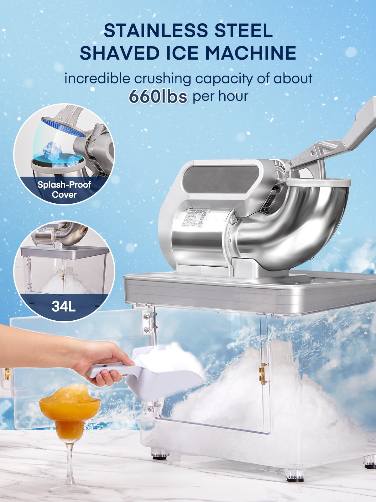 Ice Crusher 660LBS/H with Dual Blades, ETL Approved 300W Electric Snow Cone Machine with Safety On/Off Switch, FOHERE