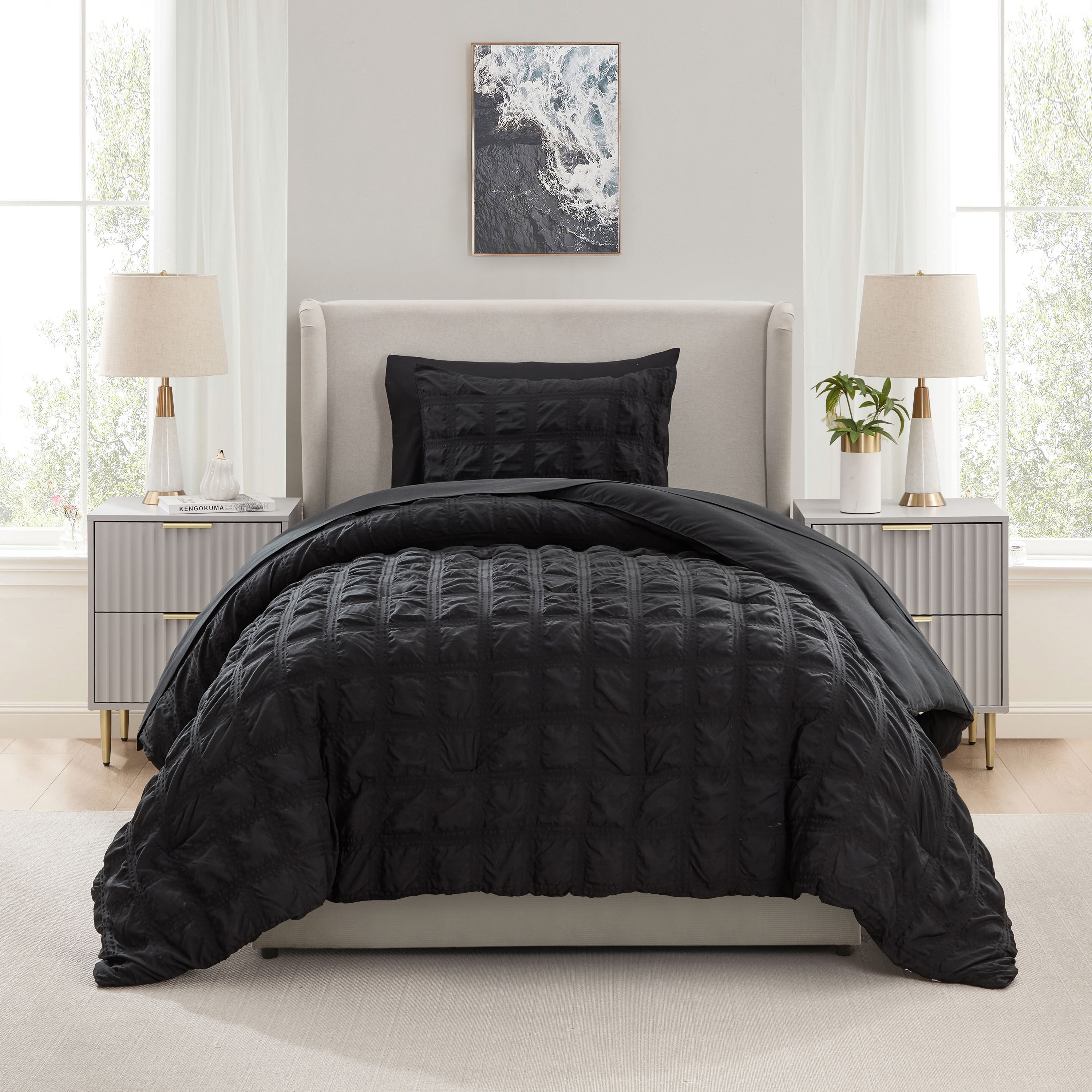 LammaLoe Twin Comforter Sets, 7 Piece Seersucker Bed in a Bag, Bedding Comforter Set with Sheets, Modern Bed Set, Black