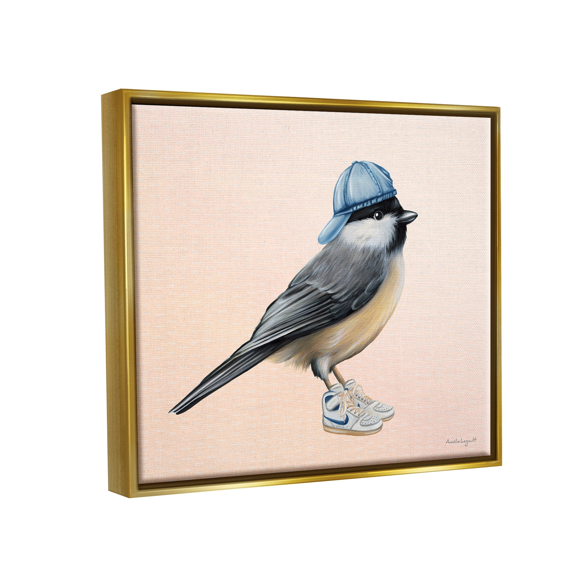 Stupell Industries Hip Chickadee Bird Backwards Hat Trendy Sneakers Graphic Art Metallic Gold Floating Framed Canvas Print Wall Art, Design by Amelie Legault