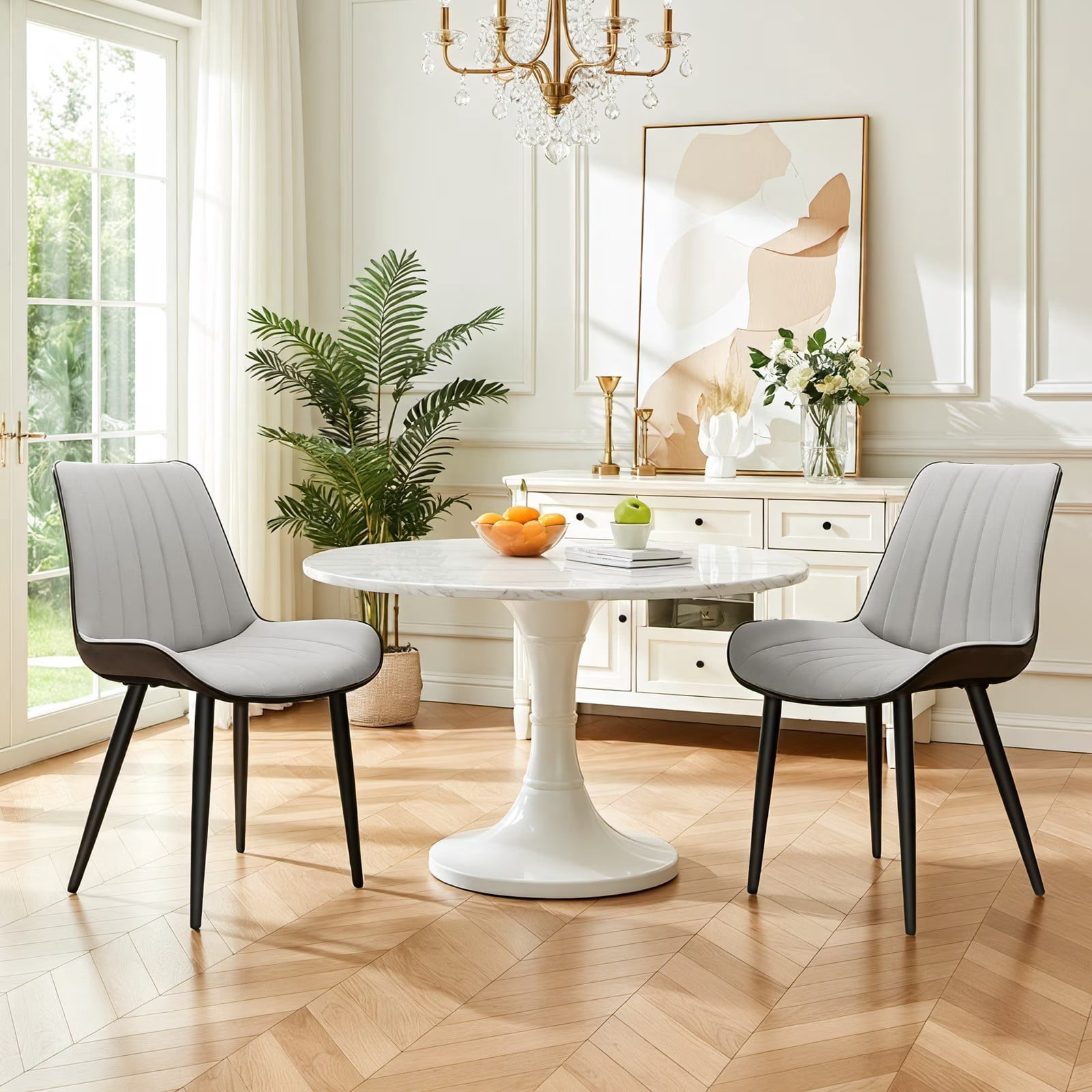 PU Leather Dining Chairs Set of 2, Light Grey & Dark Grey Wave Pattern Upholstered Kitchen Chairs with Metal Legs, Modern Armless Side Chairs for Dining Room, Restaurant, Living Room