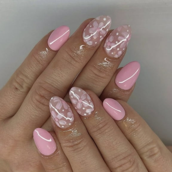 24Pcs Almond Fake Nails Press On Nails Artificial Nails False Nails Glues On Nails Flower Designs French Nails Tips