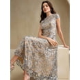 thumbnail image 4 of Elegant Silver Floral Mesh Sequin Short Sleeve Midi Dress For Formal, 4 of 7