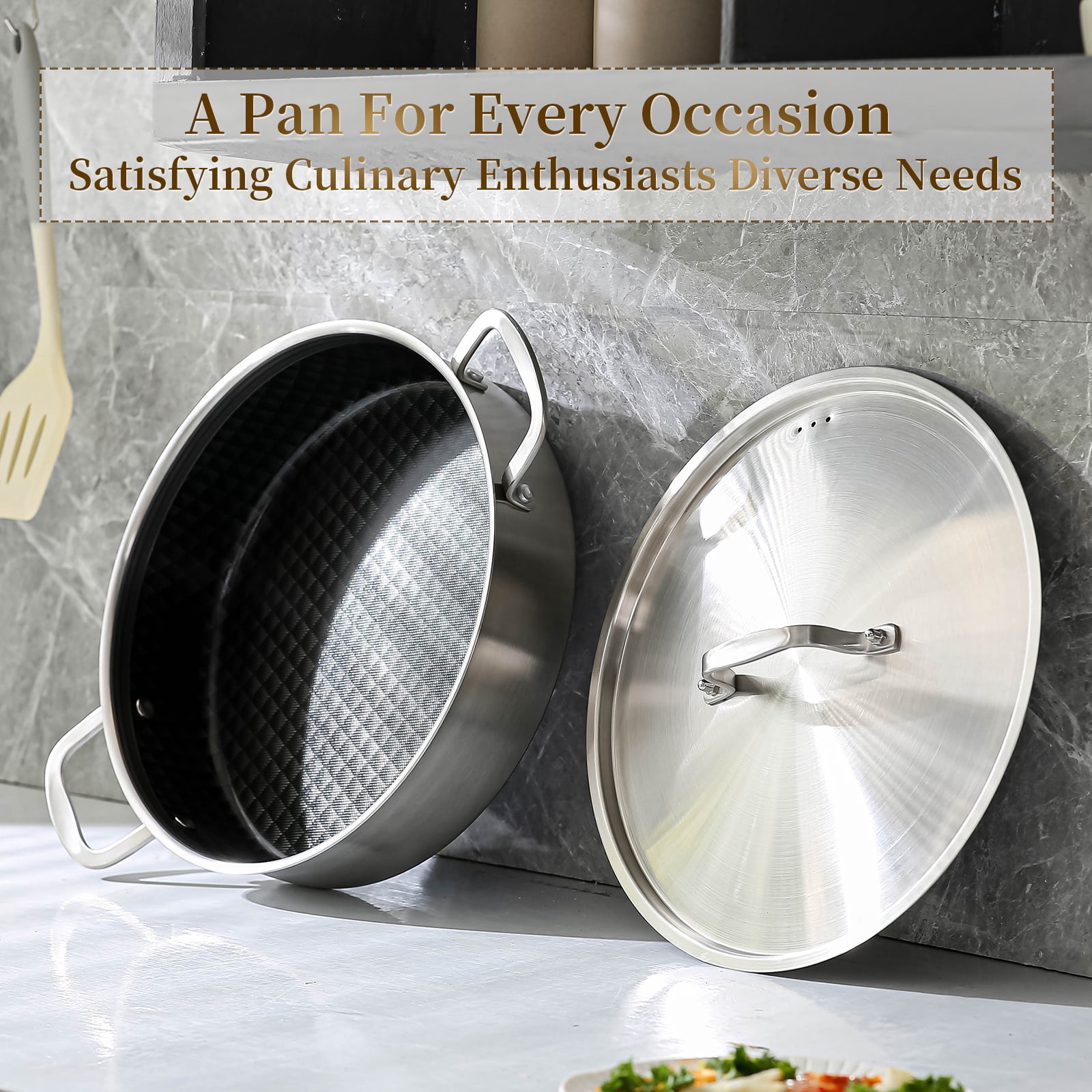 DELARLO 6QT Tri-Ply Stainless Steel Non Stick Braiser Pan with Lid,12inch Deep Frying Pan,Large Saute Pan Induction Compatible,Heavy Duty and Oven Safe