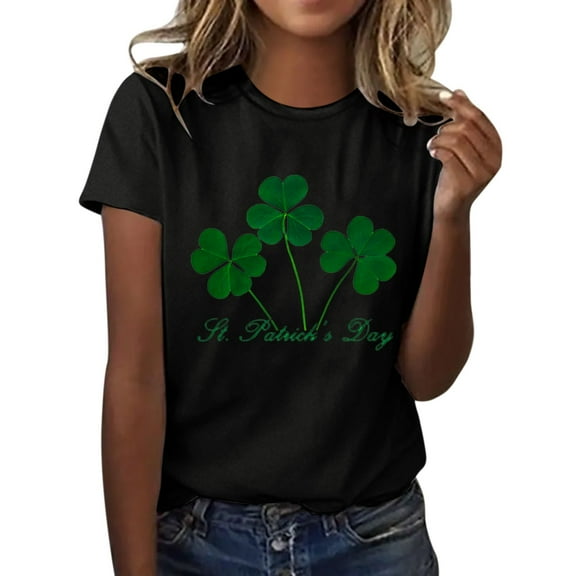 Ukumplol Graphic Tees for Women Short Sleeve Shirts for Women Casual Top Shirt St. Patrick'S Day Soft Leave Print Top Short Sleeve Round Neck Fashion T-Shirt Top Womens Summer Tops Black L