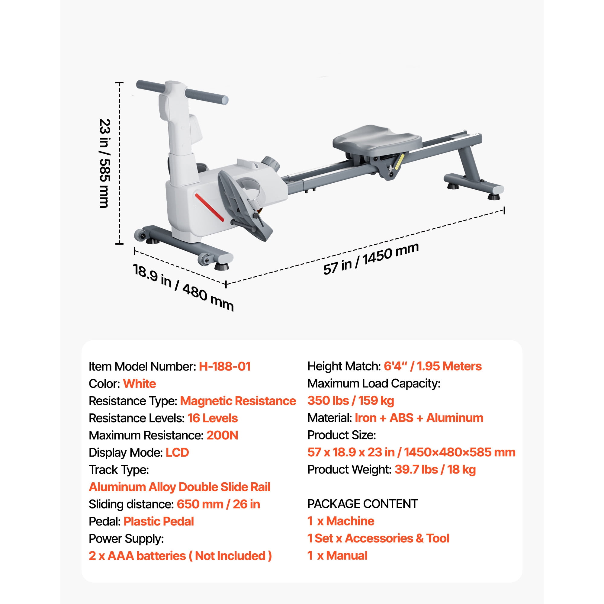 KFFKFF Magnetic Rowing Machine with Adjustable 16-Level Resistance, Foldable Design for Home Use, 350 LBS Capacity, Dual-Slide Rail System, Bluetooth APP Connectivity & LCD Display