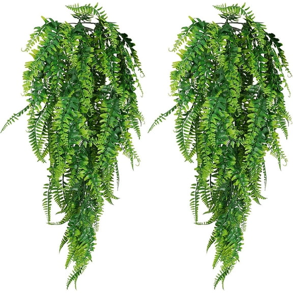 GoXteam 2 Pack Fake Fern Artificial Hanging Ferns Outdoor Faux Hanging Greenery Plant Indoor UV Resistant Plastic Plants for Wall, Wedding Party, Holiday Decor