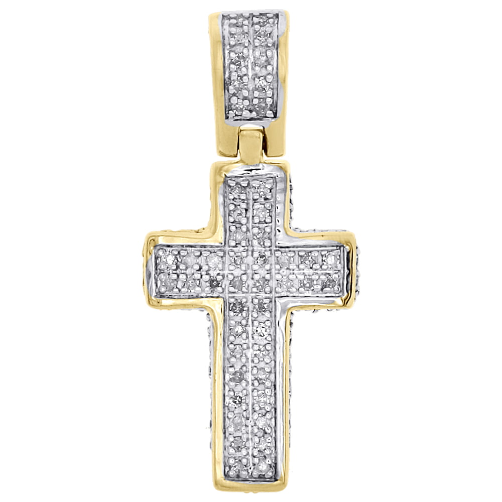 10K Yellow Gold Real Diamond 3D Puff Dome Cross Pendant 1" Pave Charm 0.30 CT.