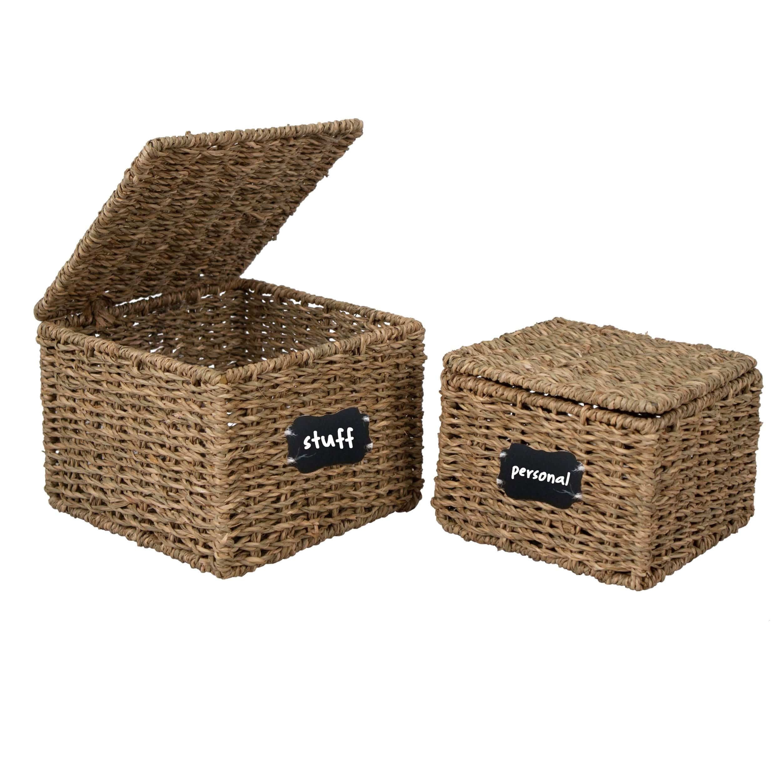 Set of 2 Nesting Wicker Cube Storage Boxes with Lids and Metal Steel