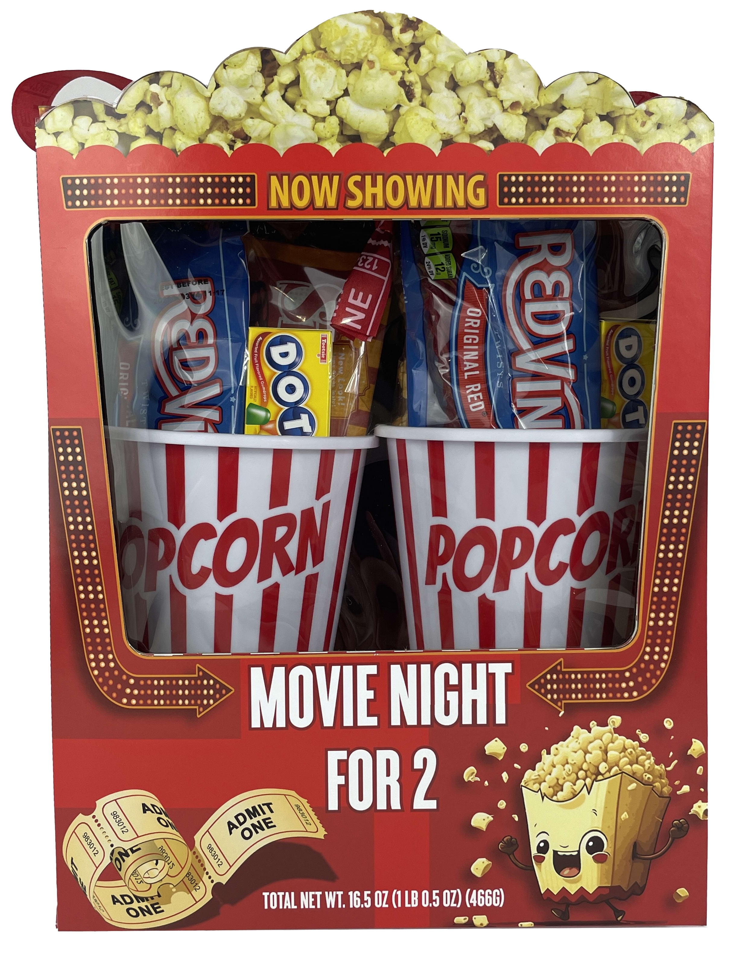 (2 pack) Movie Night for Two Microwave Popcorn and Candy Assortment Gift with Reusable Popcorn Containers