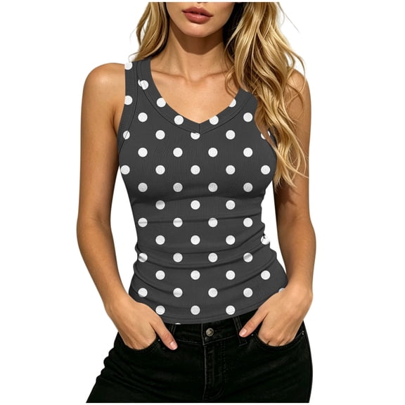 HappyYEE Women’s Polka Dot Tank Tops Summer V-Neck Ribbed Sleeveless Tops Slim Fits Knit Casual Camisole Daily Wear Gray XL