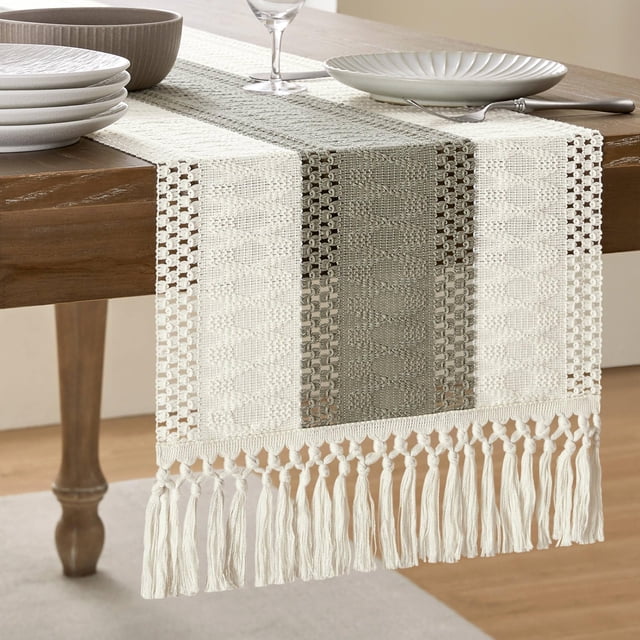 Camino de mesa ZeeMart, estilo macramé, bicolor, 35 x 120 cm, salvia oscura y marfil