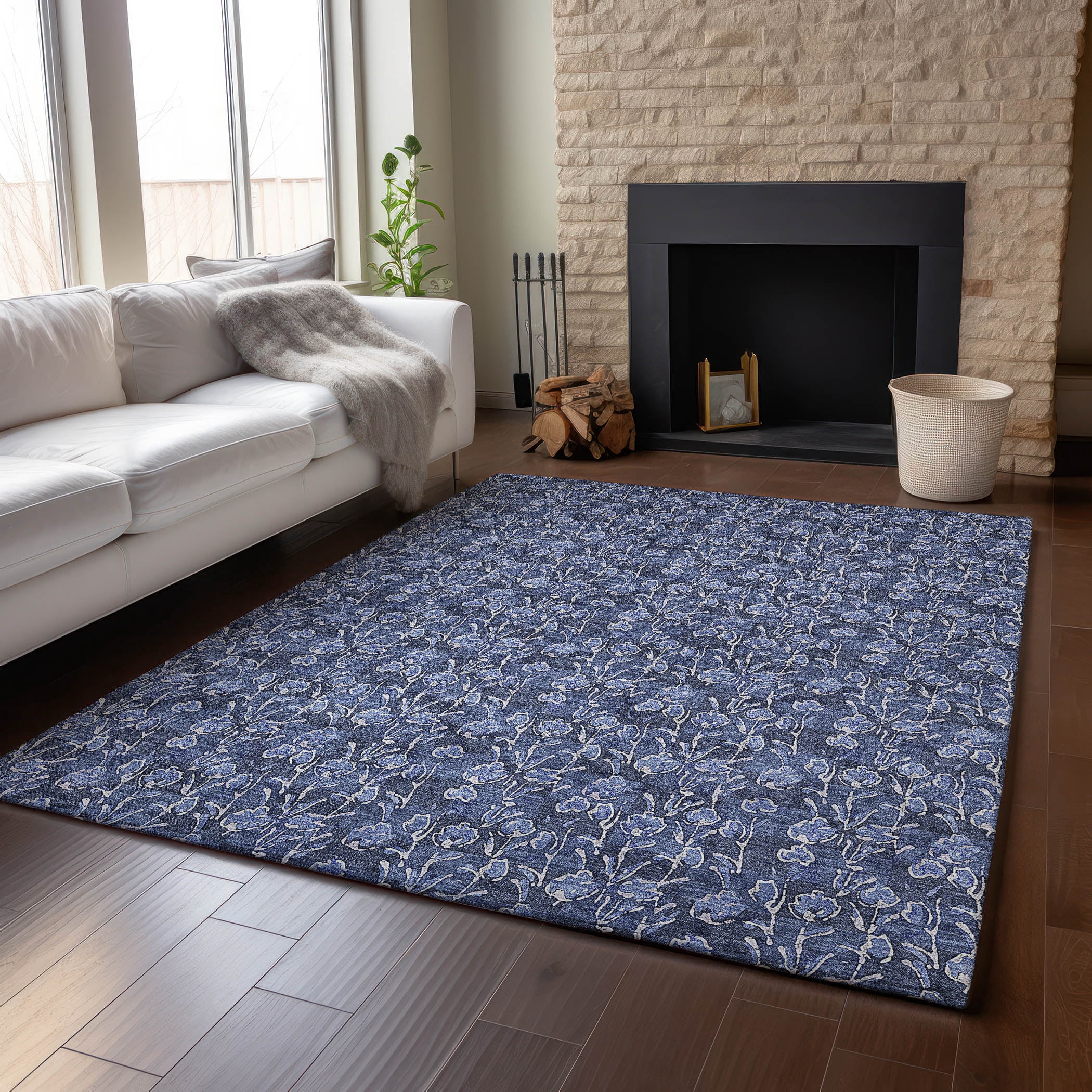 Addison Rugs Mayfield Washable Transitional Floral Navy Rectangle Rug, 3' x 5'
