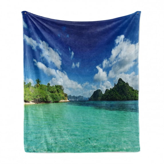 Landscape Soft Flannel Fleece Blanket, Summer Island Botanic Tropical View with Sea Mountain Tree Forest Photo, Cozy Plush for Indoor and Outdoor Use, 70" x 90", Turquoise Blue Green, by Ambesonne