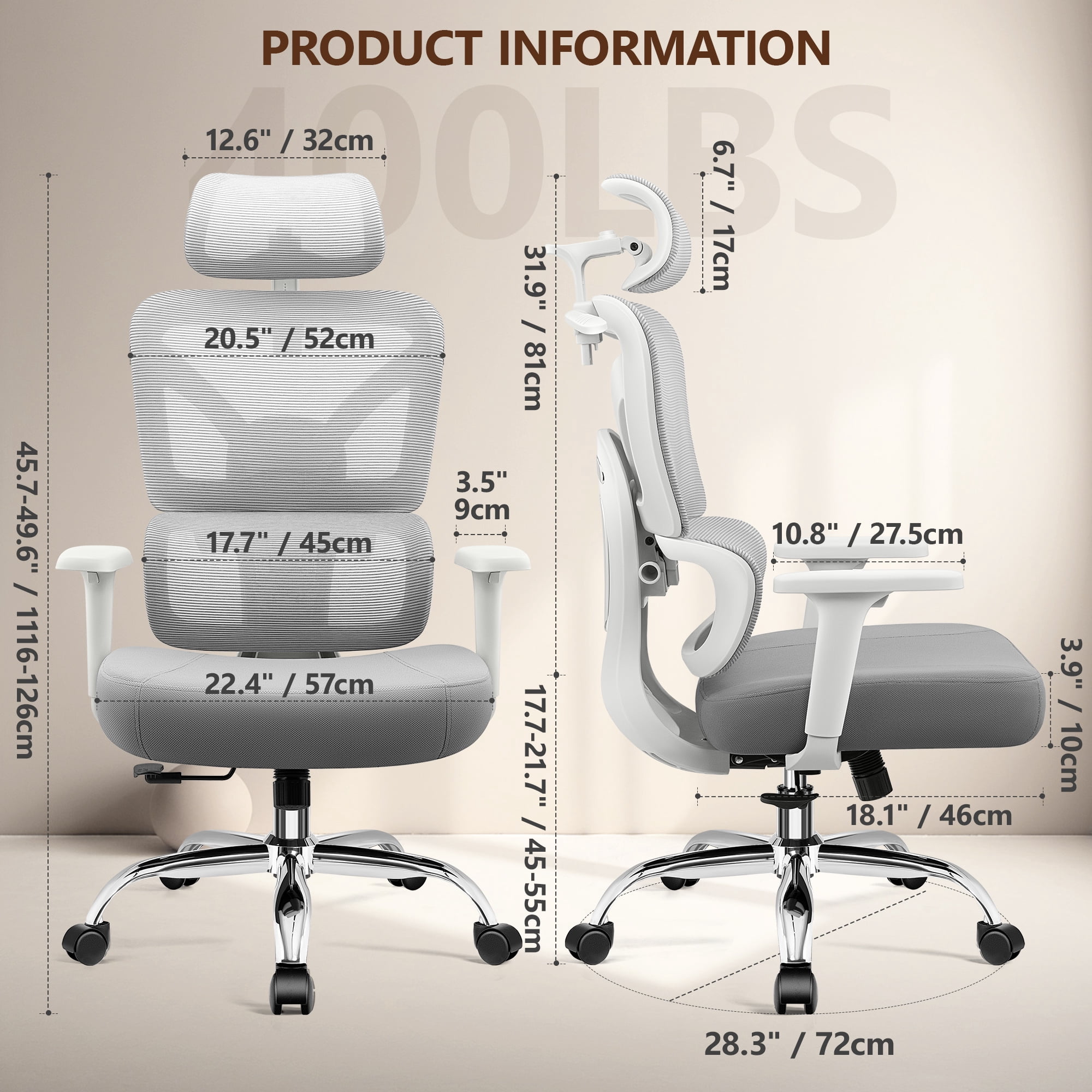 COOLHUT Ergonomic Mesh Office Chair, Big and Tall Computer Desk Chair with Adjustable Lumbar Support, Headrest and Armrest, High Back Home Office Chair for Workspace, Gaming,300LBS, Ligh Gray
