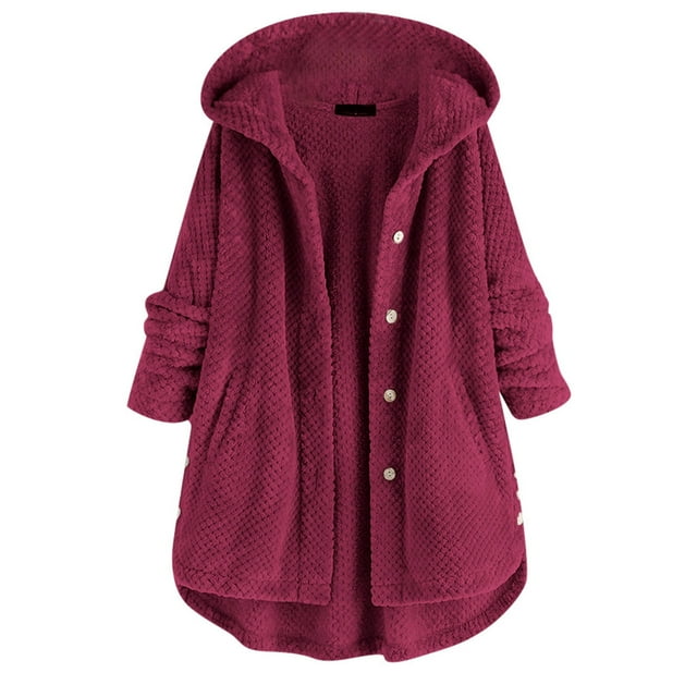 WEIYLL Womens Fleece Jackets Pocket Irregular Long Hooded Button Sleeve Plus Size Wine Fall Coats Size S