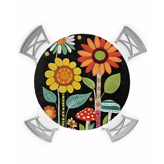 nqOlkjepod Vintage Sunflower Round Tablecloth, Fitted Table Cover with Elastic for 45"-54" Round Tables, Summer Botanical Flower Black Table Cloth Outdoor Indoor Dinning Party Waterproof Tablecloths