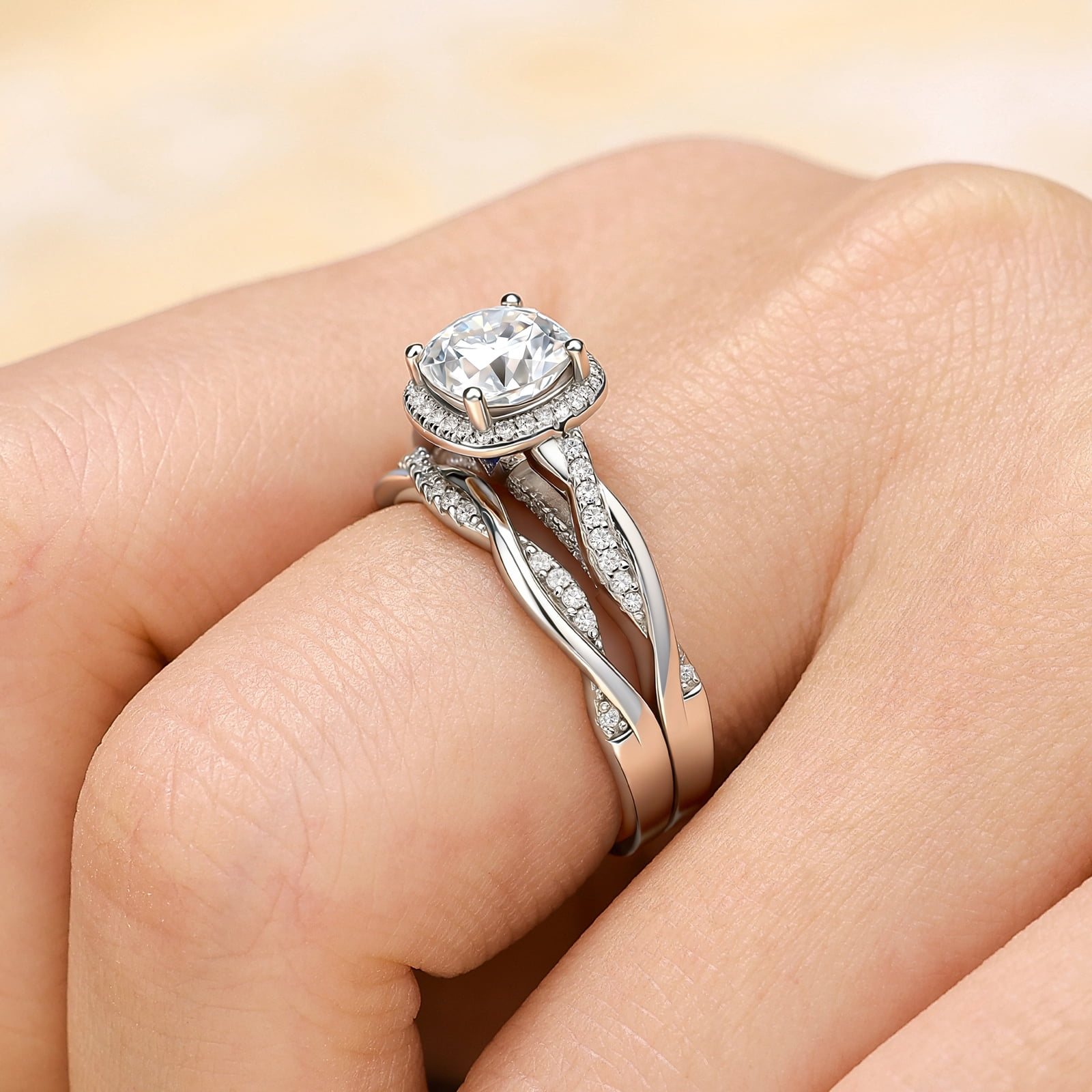 Newshe Jewellery 2.5 Carat Moissanite Wedding Ring Sets Twisted Band Cushion Round Infinity Bridal Rings for Women Size 6